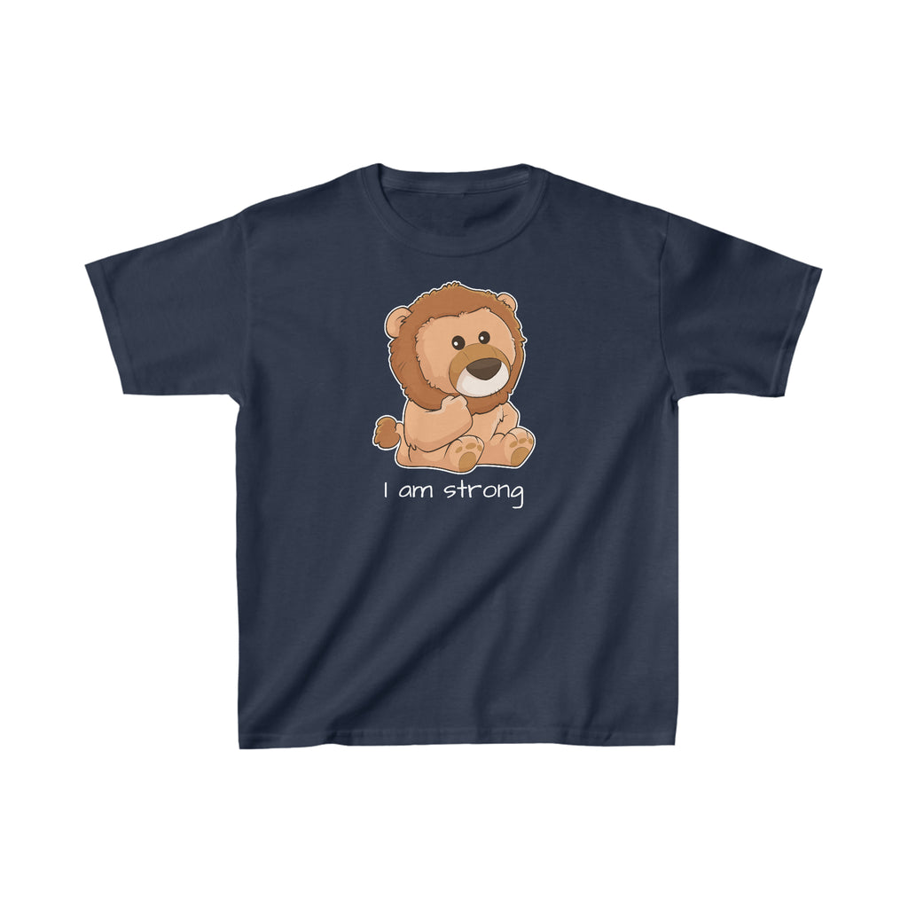 A short-sleeve navy blue shirt with a picture of a lion that says I am strong.