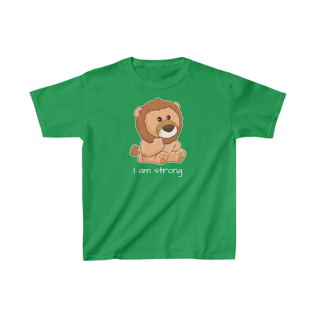 A short-sleeve green shirt with a picture of a lion that says I am strong.