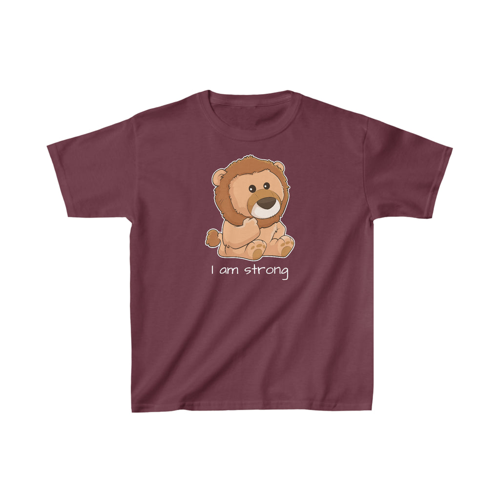 A short-sleeve maroon shirt with a picture of a lion that says I am strong.