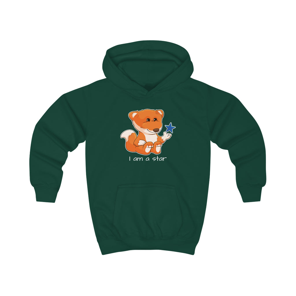 A dark green hoodie with a picture of a fox that says I am a star.