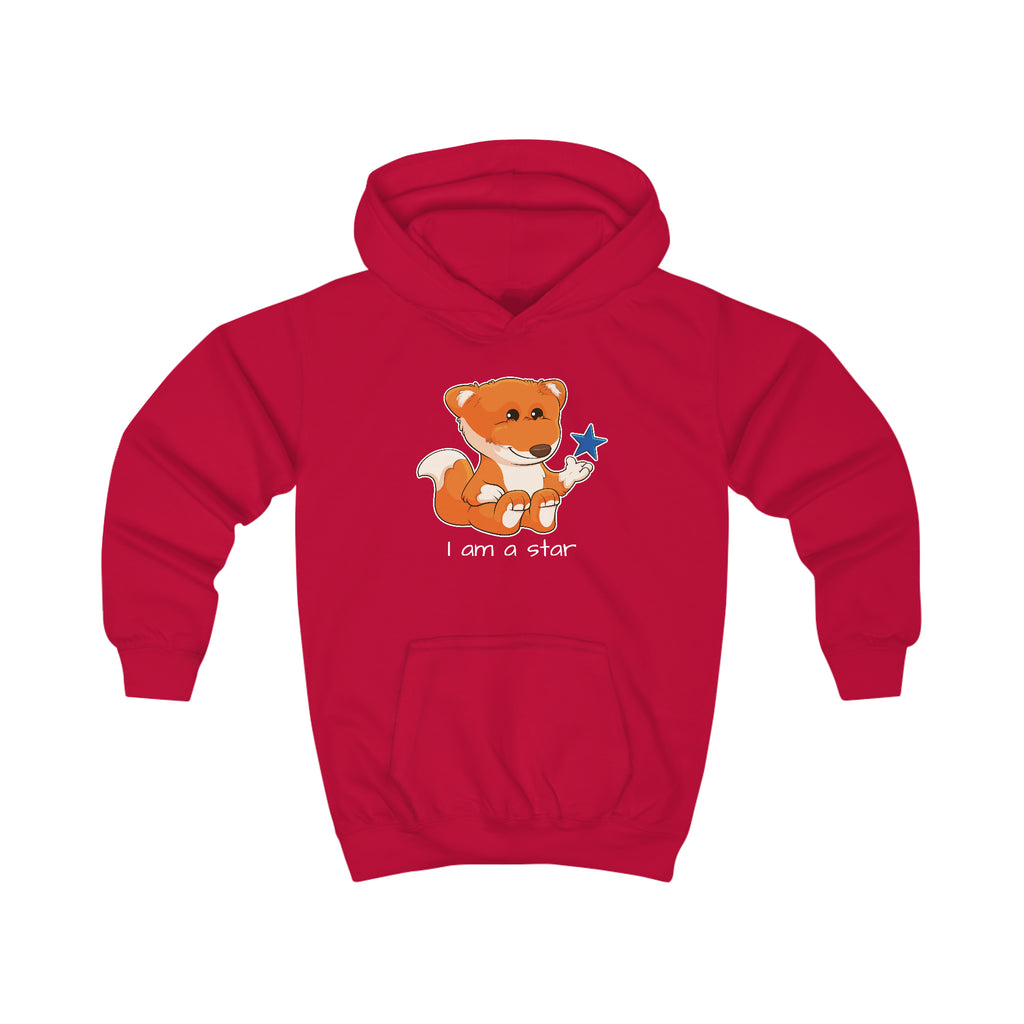 A red hoodie with a picture of a fox that says I am a star.