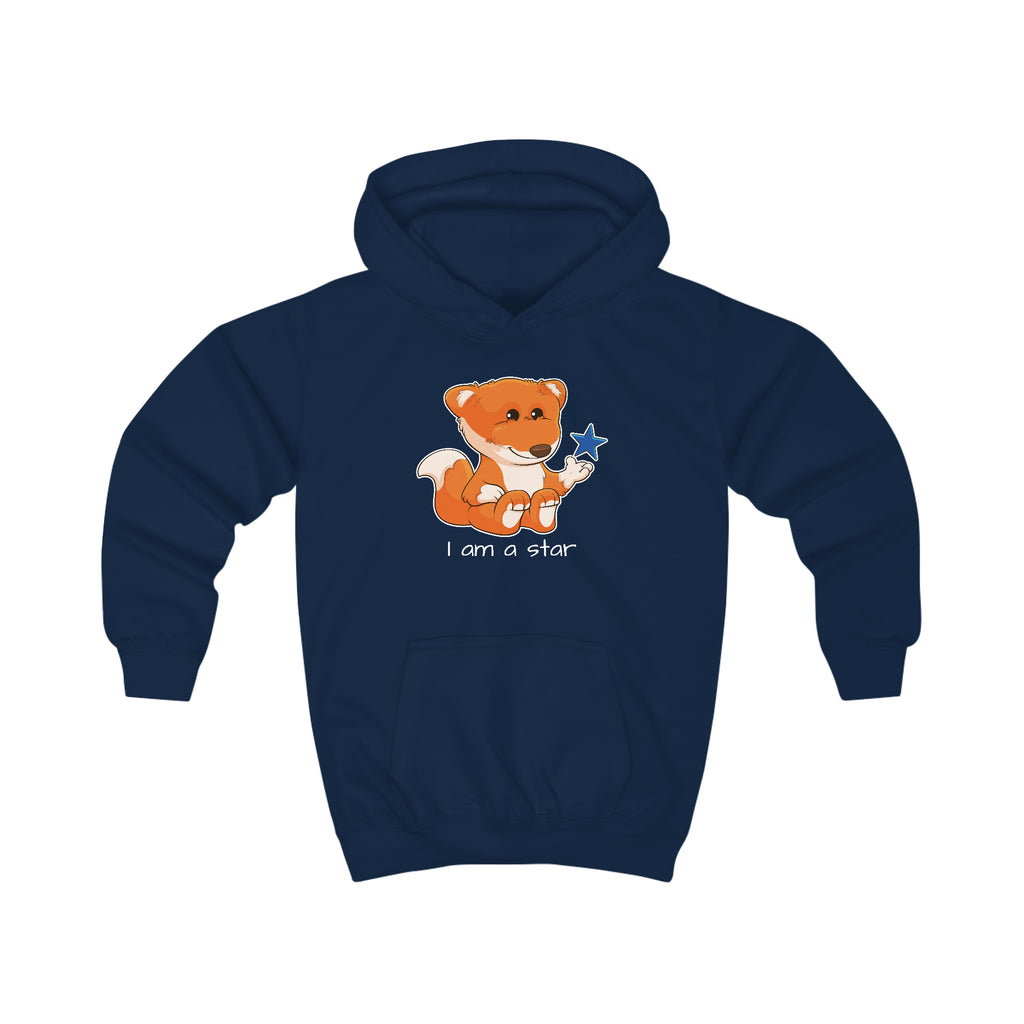 A navy blue hoodie with a picture of a fox that says I am a star.