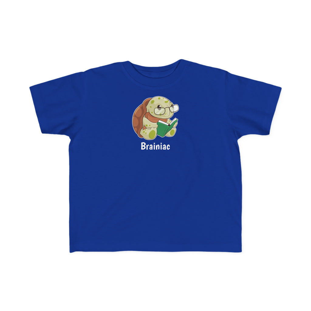 A short-sleeve royal blue shirt with a picture of a turtle that says Brainiac.