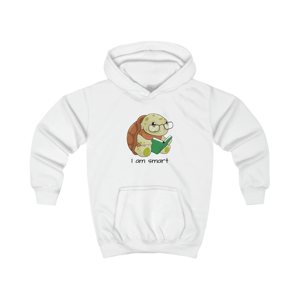 A white hoodie with a picture of a turtle that says I am smart.