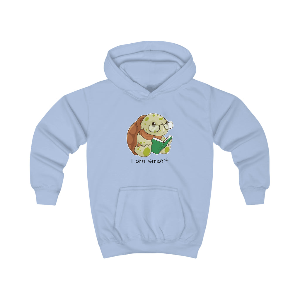 A light blue hoodie with a picture of a turtle that says I am smart.