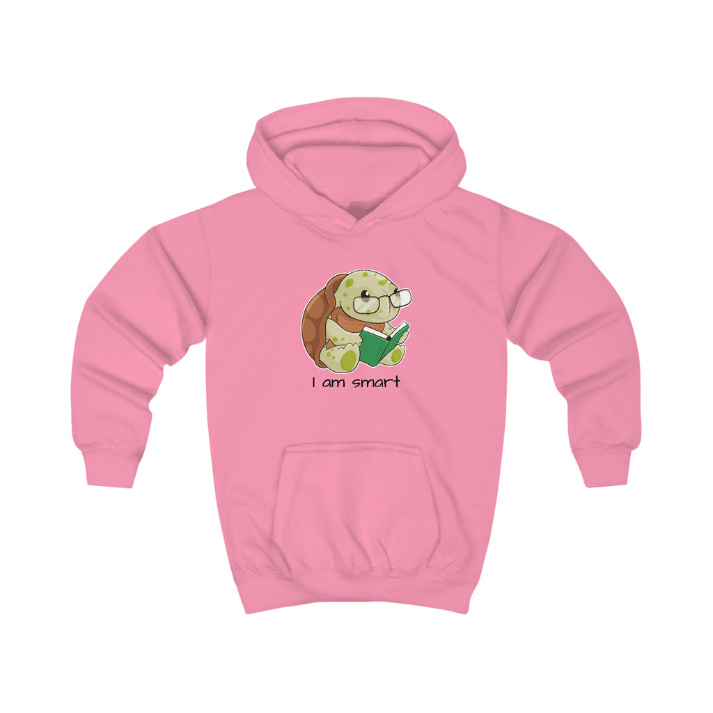 A pink hoodie with a picture of a turtle that says I am smart.