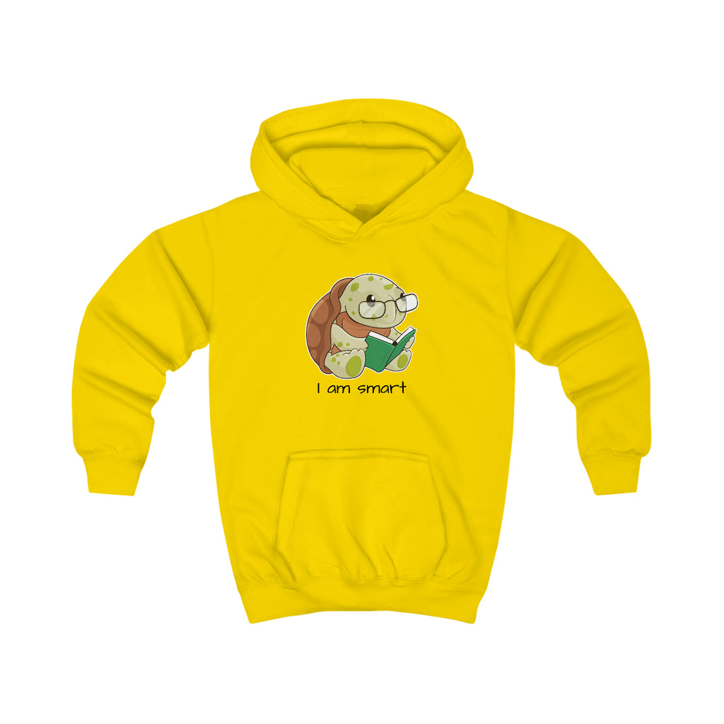 A yellow hoodie with a picture of a turtle that says I am smart.