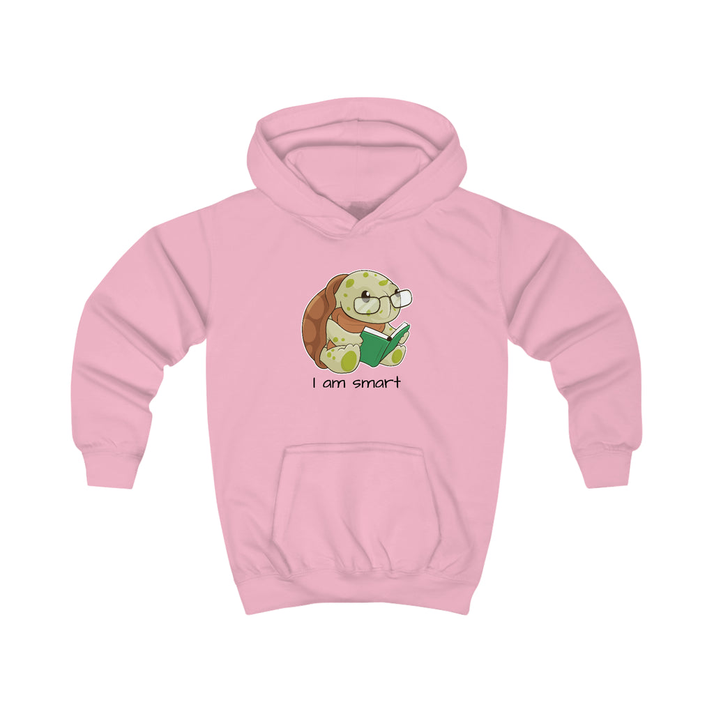 A light pink hoodie with a picture of a turtle that says I am smart.