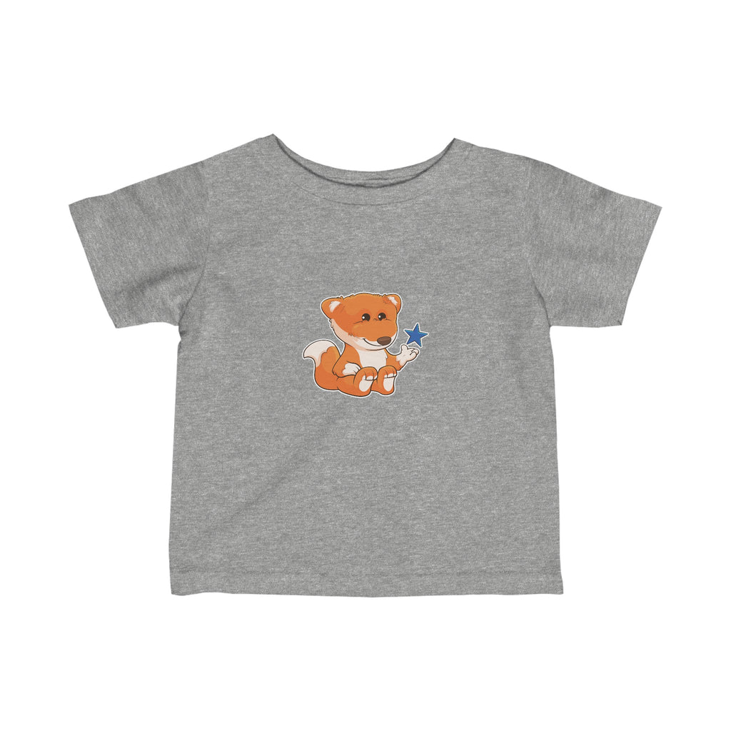 A short-sleeve heather grey shirt with a picture of a fox.