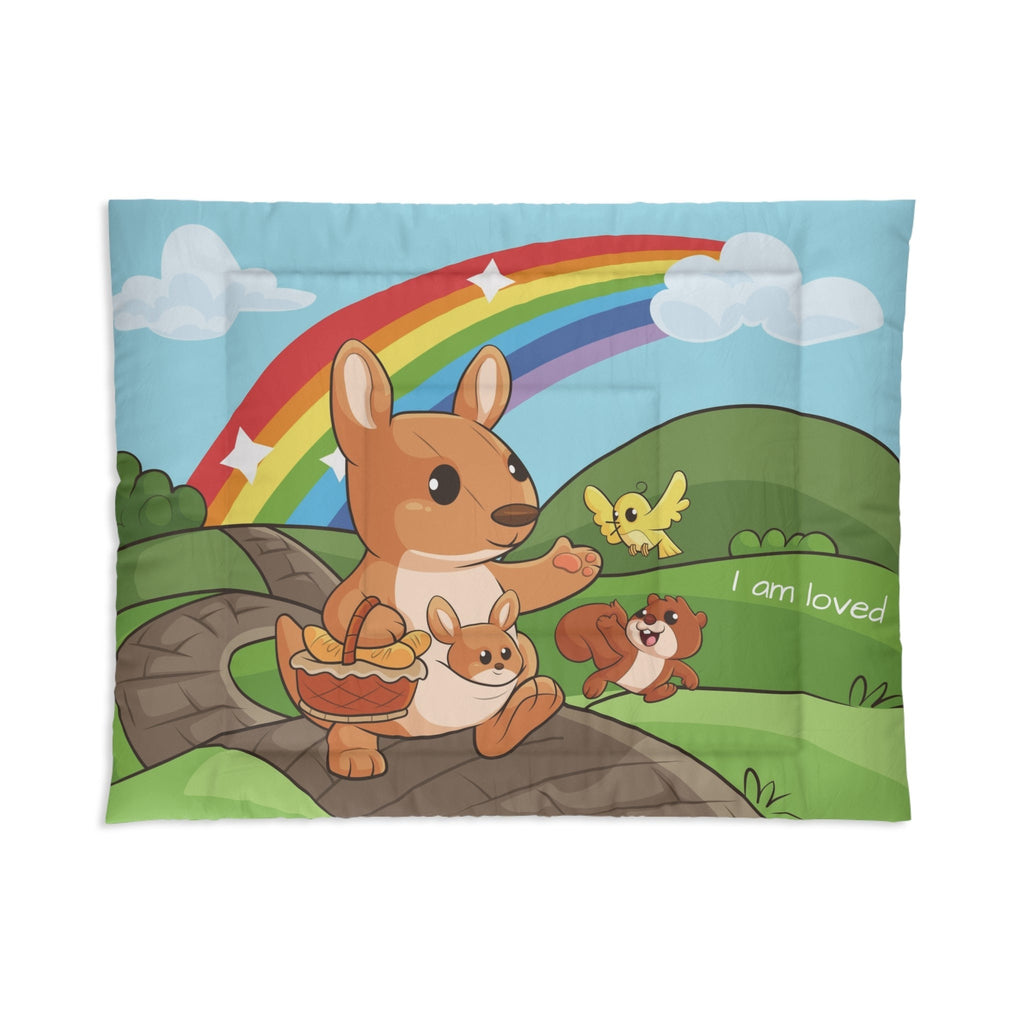 A 68 by 88 inch bed comforter with a scene of a kangaroo walking along a path through rolling hills, a rainbow in the background, and the phrase "I am loved".