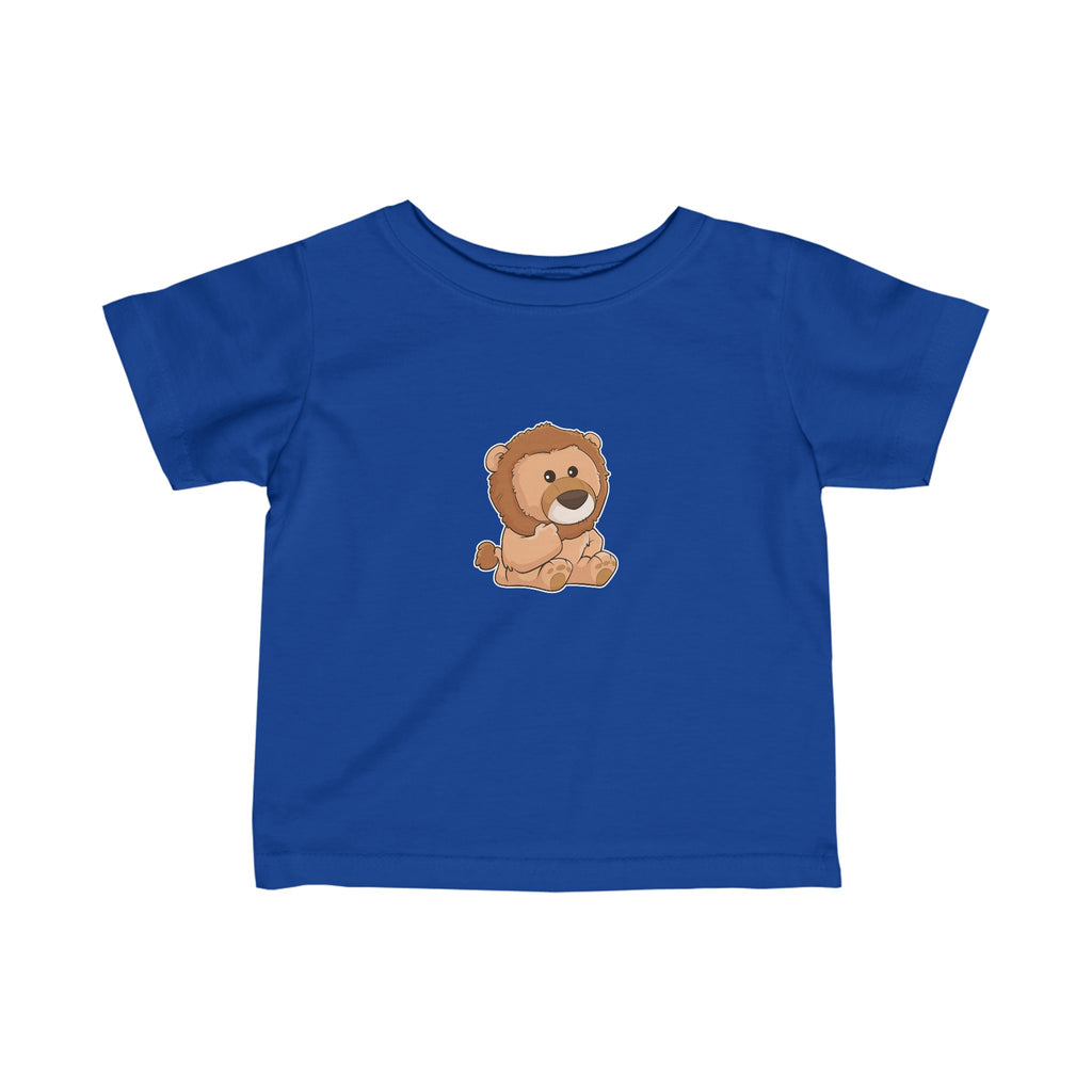 A short-sleeve royal blue shirt with a picture of a lion.