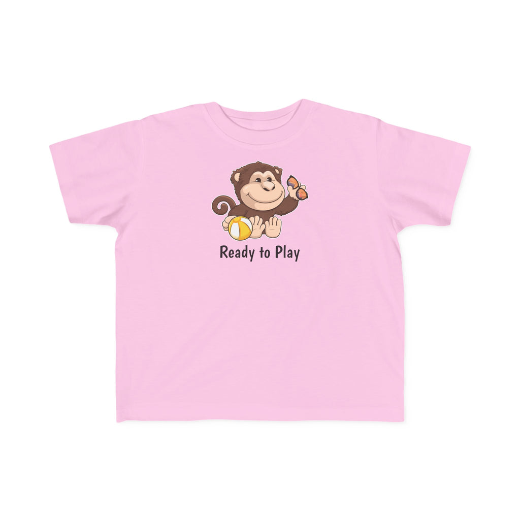A short-sleeve light pink shirt with a picture of a monkey that says Ready to Play.