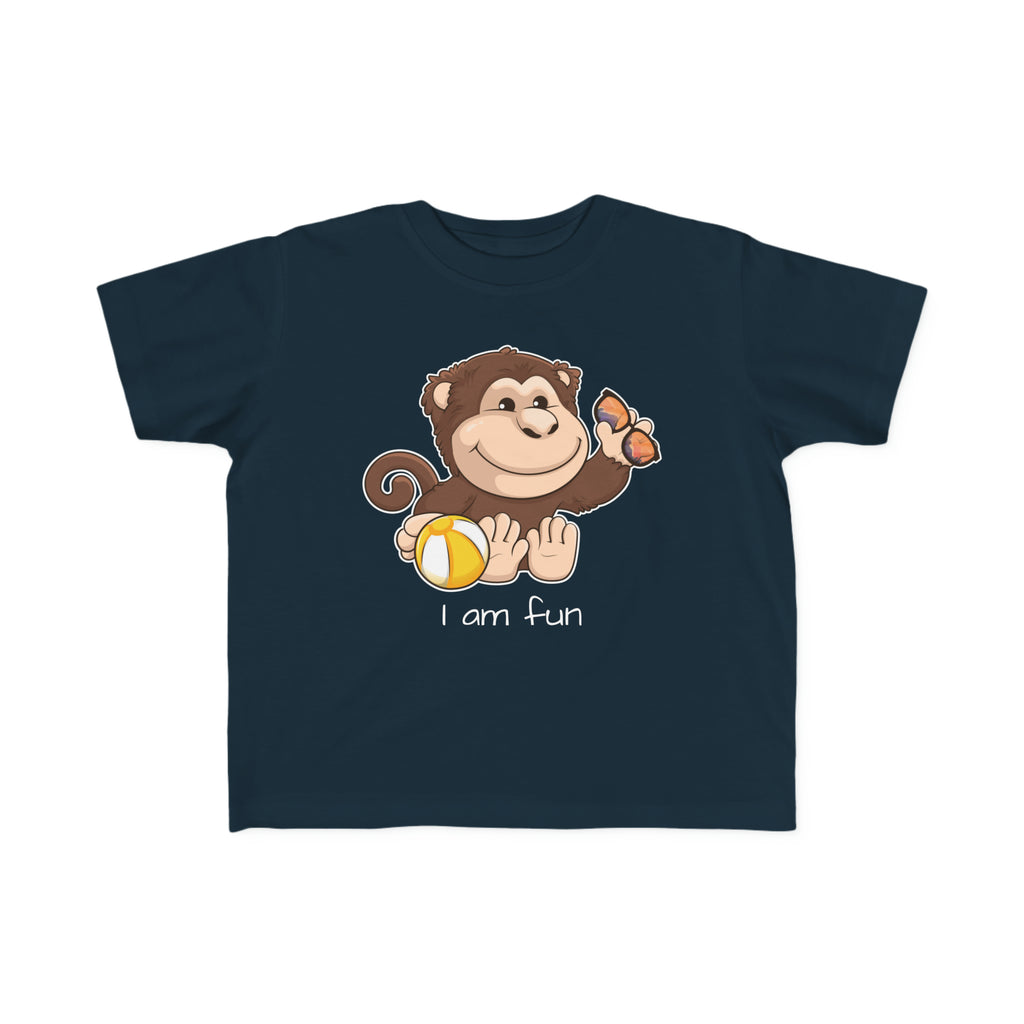A short-sleeve navy blue shirt with a picture of a monkey that says I am fun.