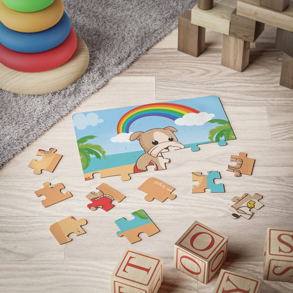 A 30 piece puzzle with a scene of a dog lifeguard standing on a beach, a rainbow in the background, and the phrase "I am loyal" along the bottom. The puzzle is partially assembled on the floor of a child's playroom.