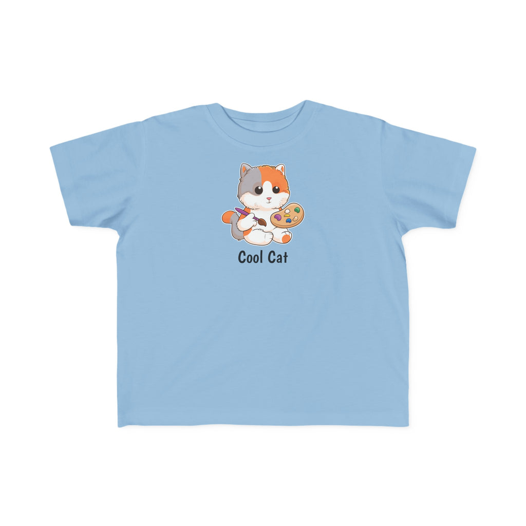 A short-sleeve light blue shirt with a picture of a cat that says Cool Cat.