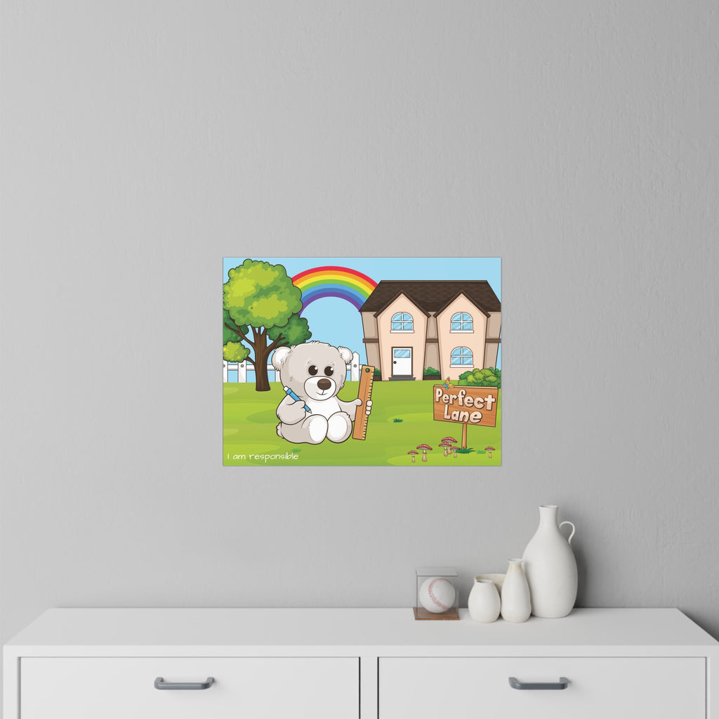 A 24 by 18 inch wall decal on a grey wall above a dresser. The wall decal has a scene of a bear sitting in the yard of its house, a rainbow in the background, and the phrase "I am responsible" along the bottom.