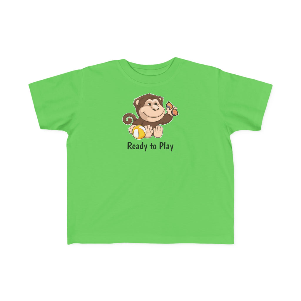 A short-sleeve green shirt with a picture of a monkey that says Ready to Play.