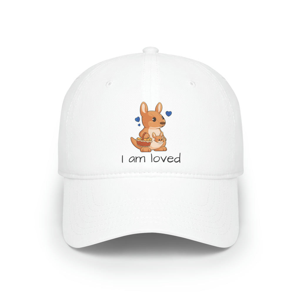 Front-view of a white baseball hat with a picture of a kangaroo that says I am loved.