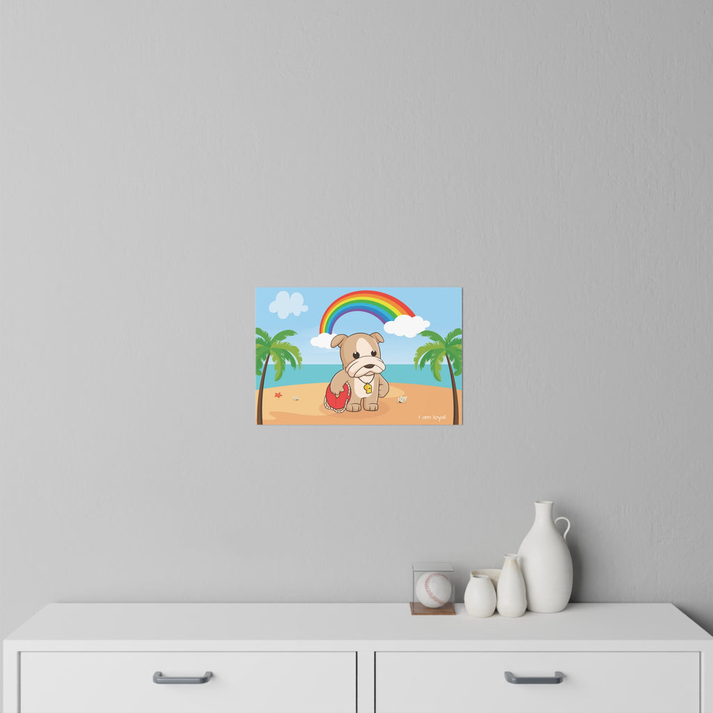 An 18 by 12 inch wall decal on a grey wall above a dresser. The wall decal has a scene of a dog lifeguard standing on a beach, a rainbow in the background, and the phrase "I am loyal" along the bottom.