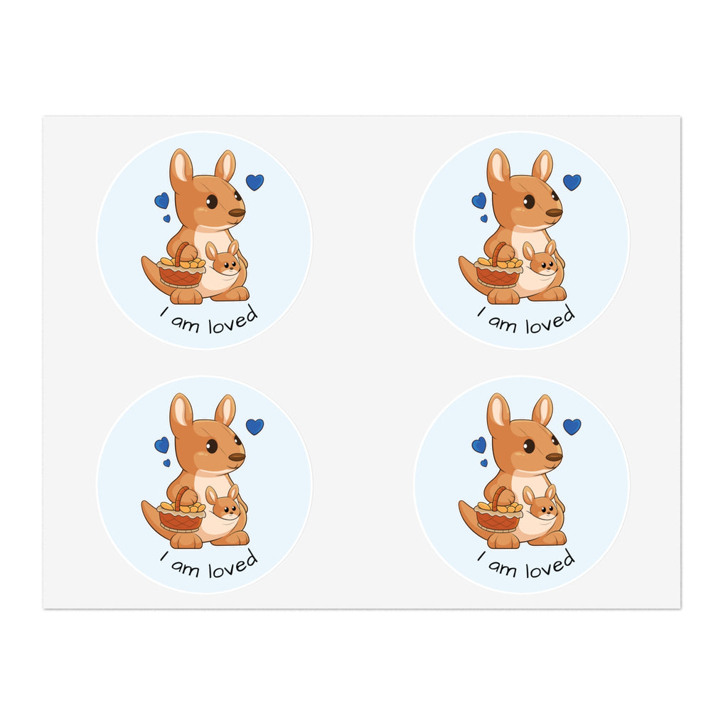 A sheet of 4 round stickers with a picture of a kangaroo that says I am loved.