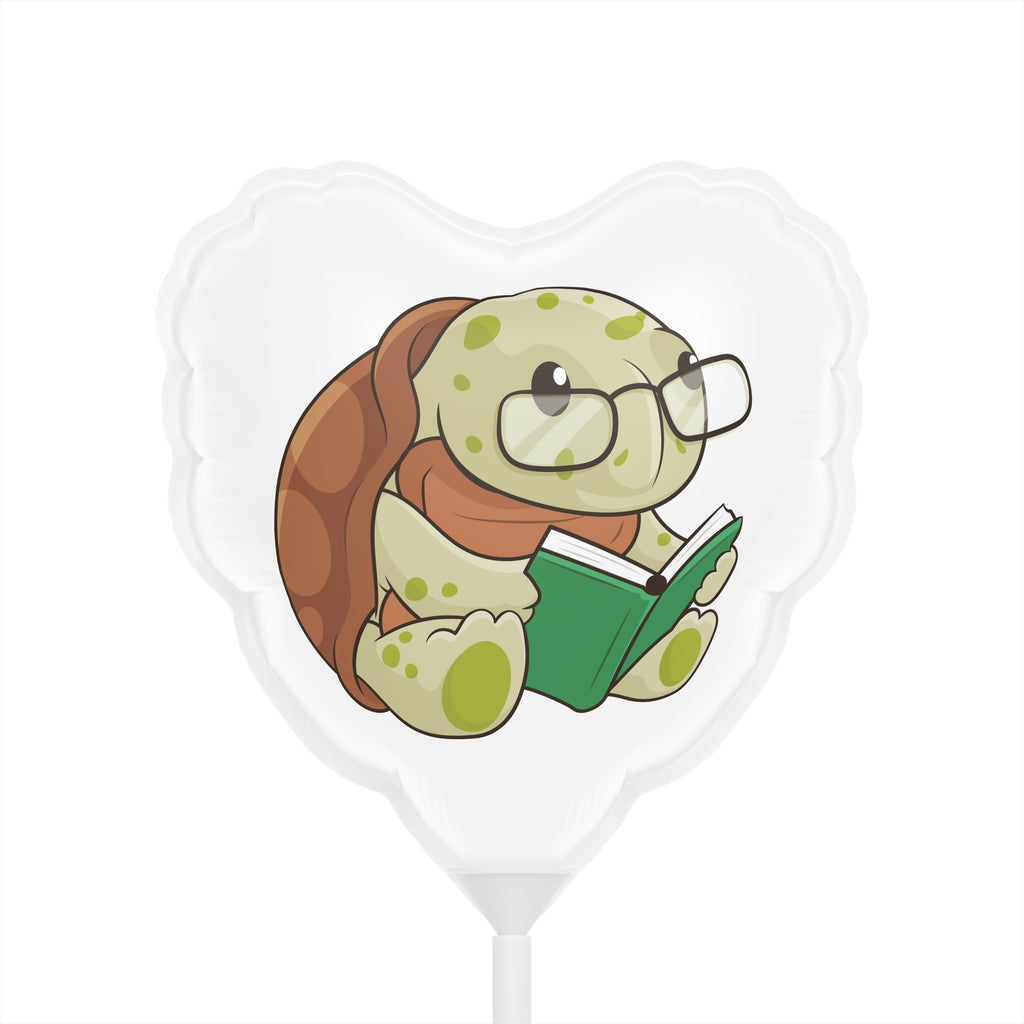 A heart-shaped white mylar balloon on a stick with a picture of a turtle.