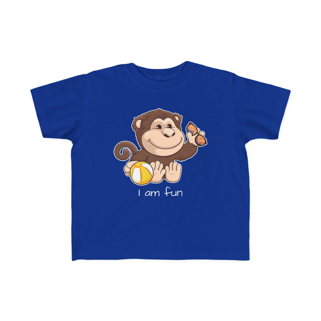 A short-sleeve royal blue shirt with a picture of a monkey that says I am fun.
