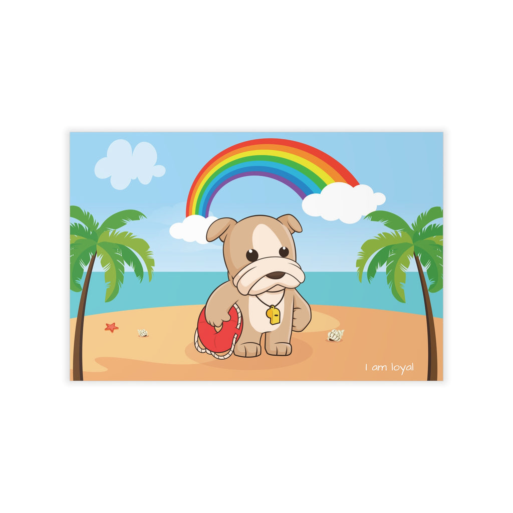 A wall decal that has a scene of a dog lifeguard standing on a beach, a rainbow in the background, and the phrase "I am loyal" along the bottom.