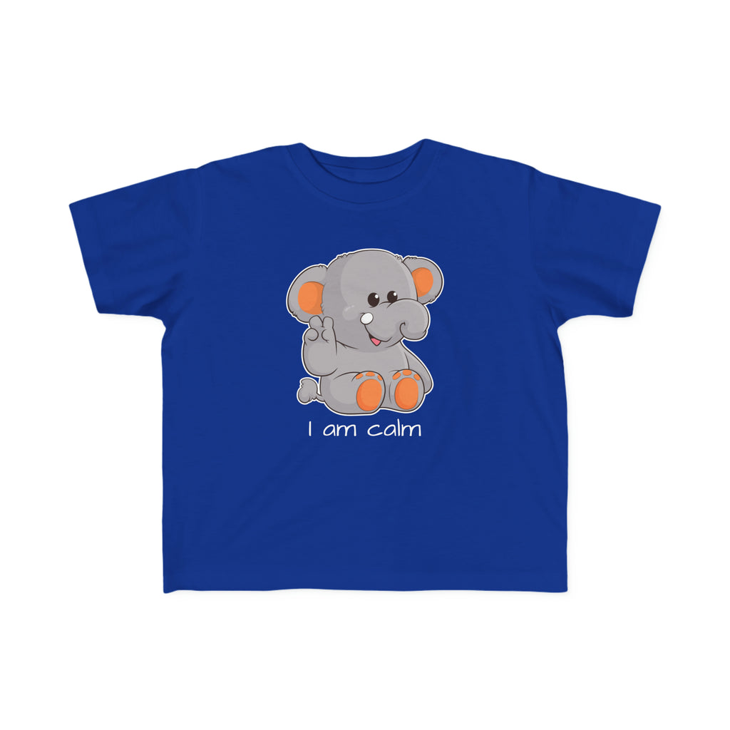 A short-sleeve royal blue shirt with a picture of an elephant that says I am calm.