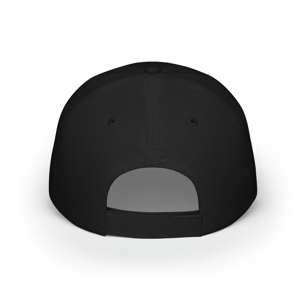Back-view of a black baseball hat with a velcro strap.