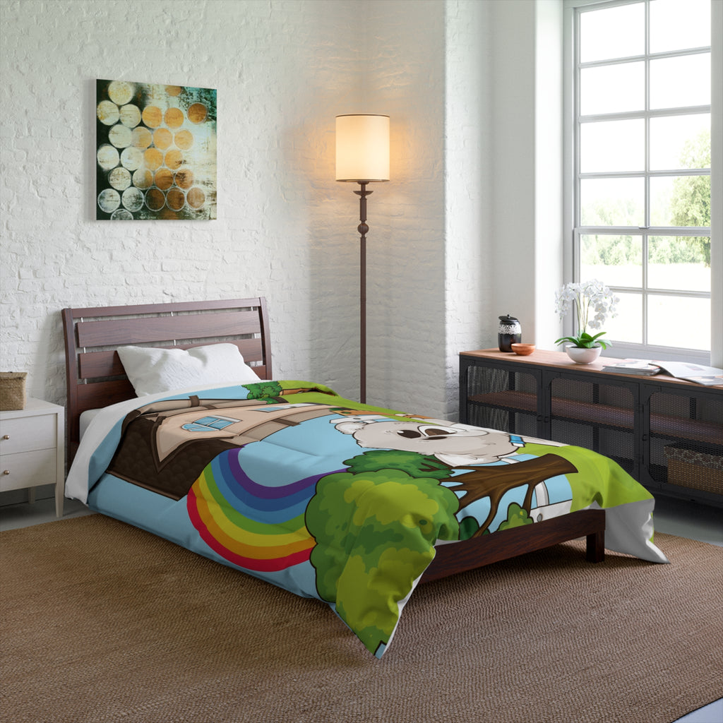 A 68 by 88 inch bed comforter with a scene of a bear sitting in the yard of its house, a rainbow in the background, and the phrase "I am responsible" along the bottom. The comforter covers a twin-sized bed.