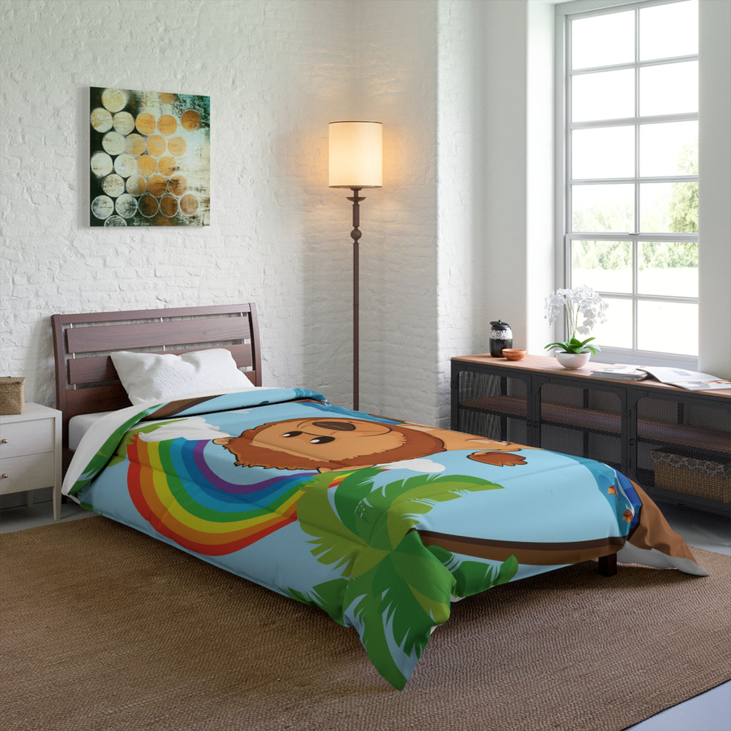A 68 by 92 inch bed comforter with a scene of a lion standing on a cliff over the ocean, a rainbow in the background, and the phrase "I am strong" along the bottom. The comforter covers a twin extra long sized bed.