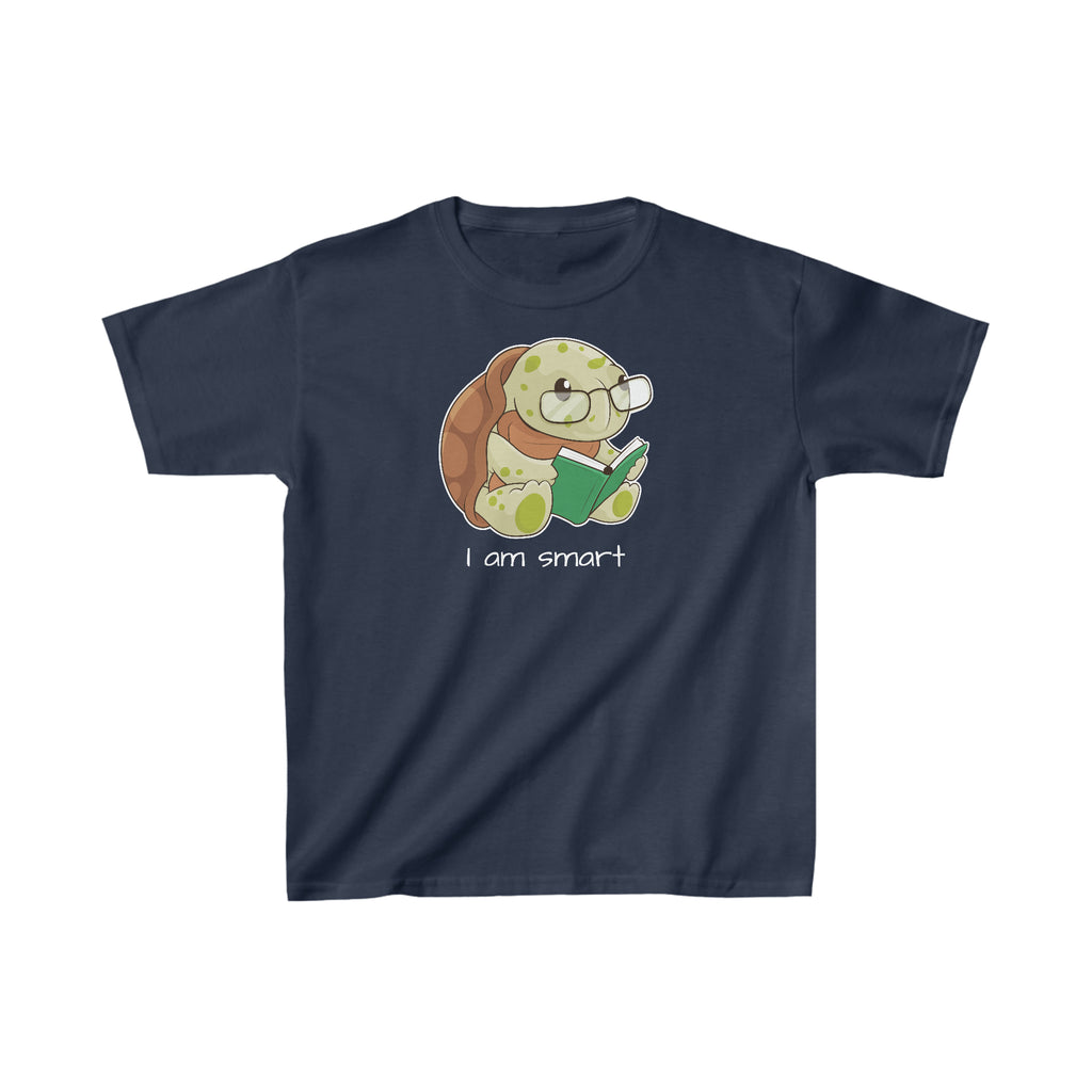 A short-sleeve navy blue shirt with a picture of a turtle that says I am smart.