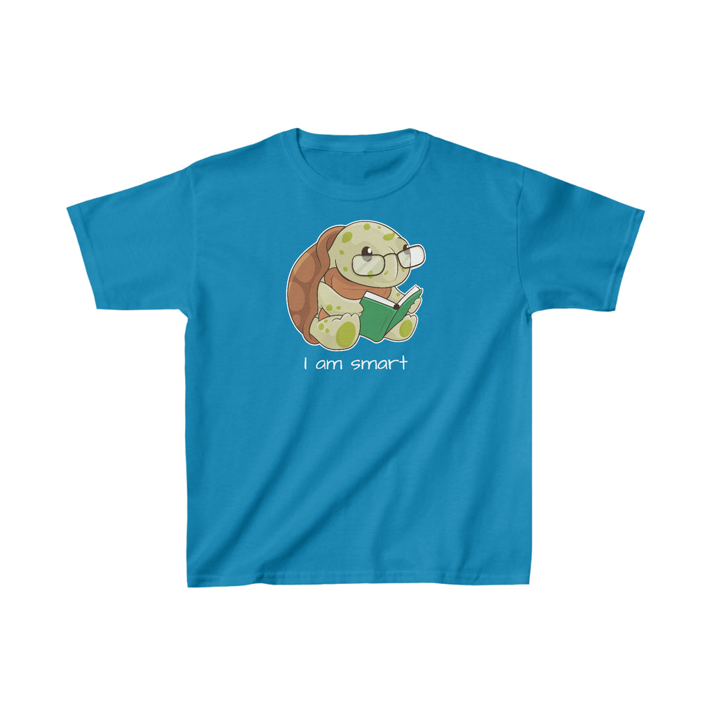 A short-sleeve sapphire blue shirt with a picture of a turtle that says I am smart.