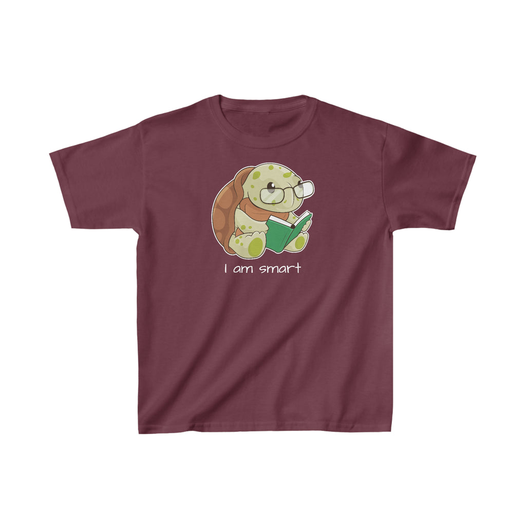 A short-sleeve maroon shirt with a picture of a turtle that says I am smart.