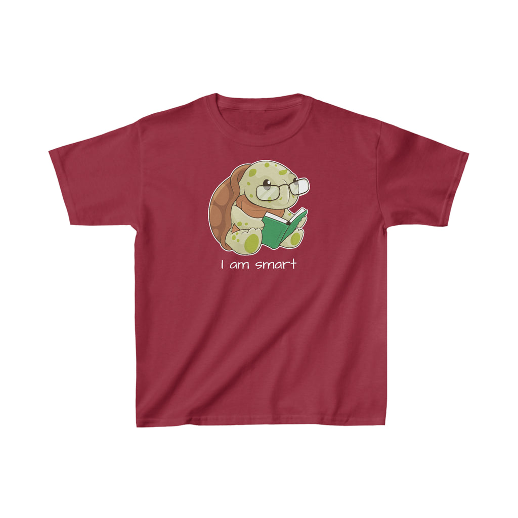 A short-sleeve cardinal red shirt with a picture of a turtle that says I am smart.