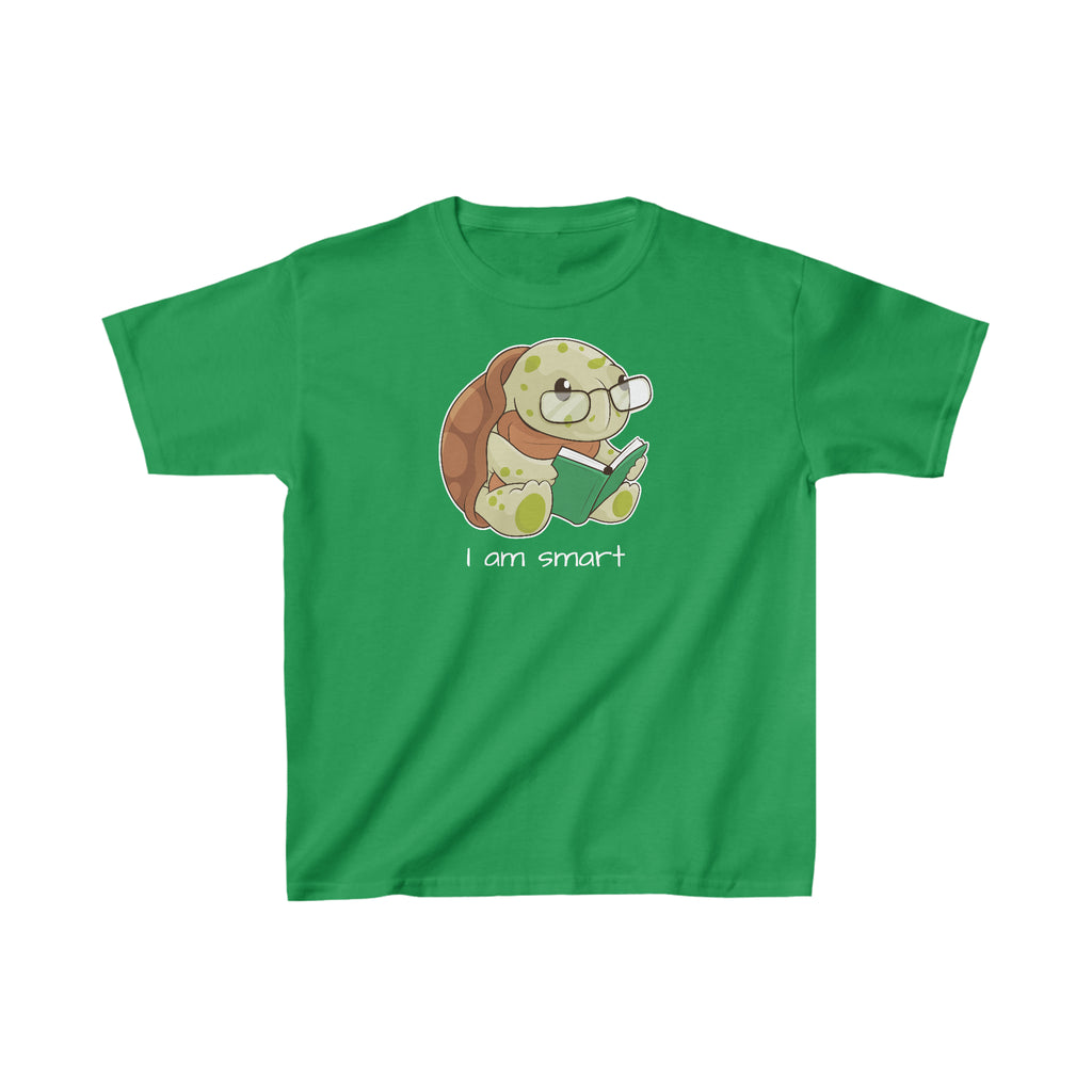 A short-sleeve green shirt with a picture of a turtle that says I am smart.