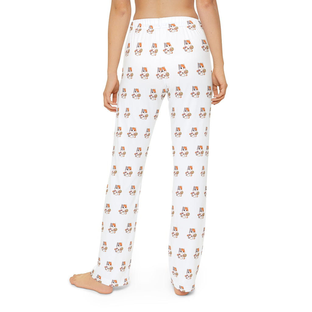 Back-view of a kid wearing white pajama pants with a repeated pattern of a cat.