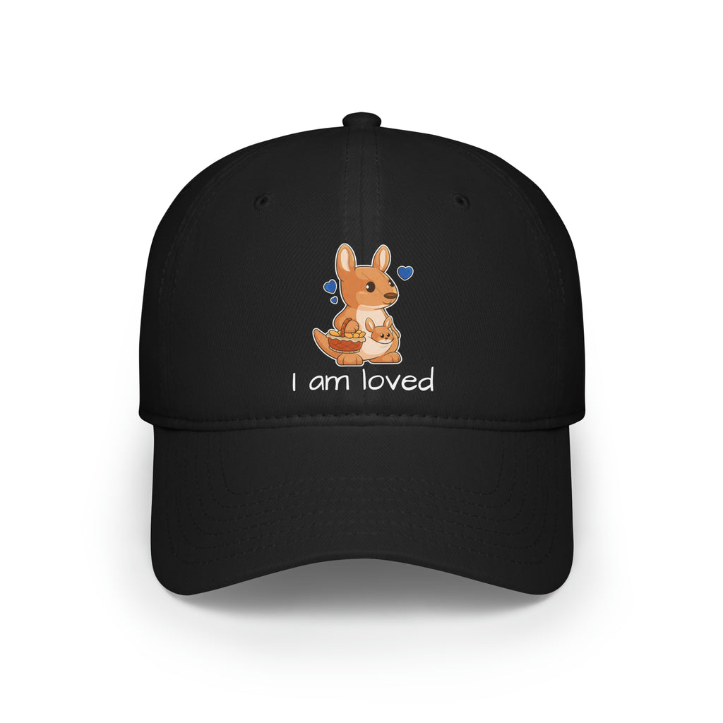 Front-view of a black baseball hat with a picture of a kangaroo that says I am loved.