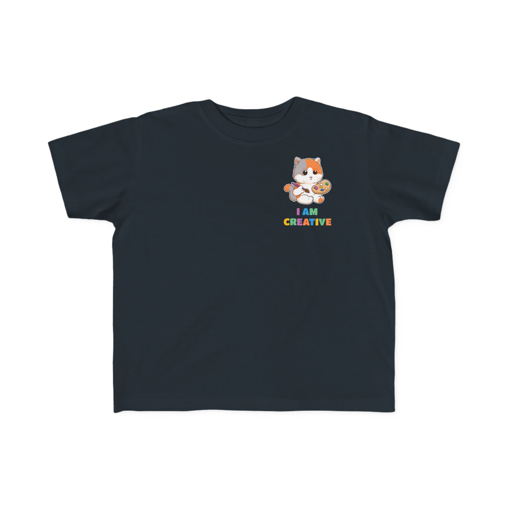 A short-sleeve black shirt with a small picture on the left chest. The image is a cat with a multi-color phrase below it that says I am creative.