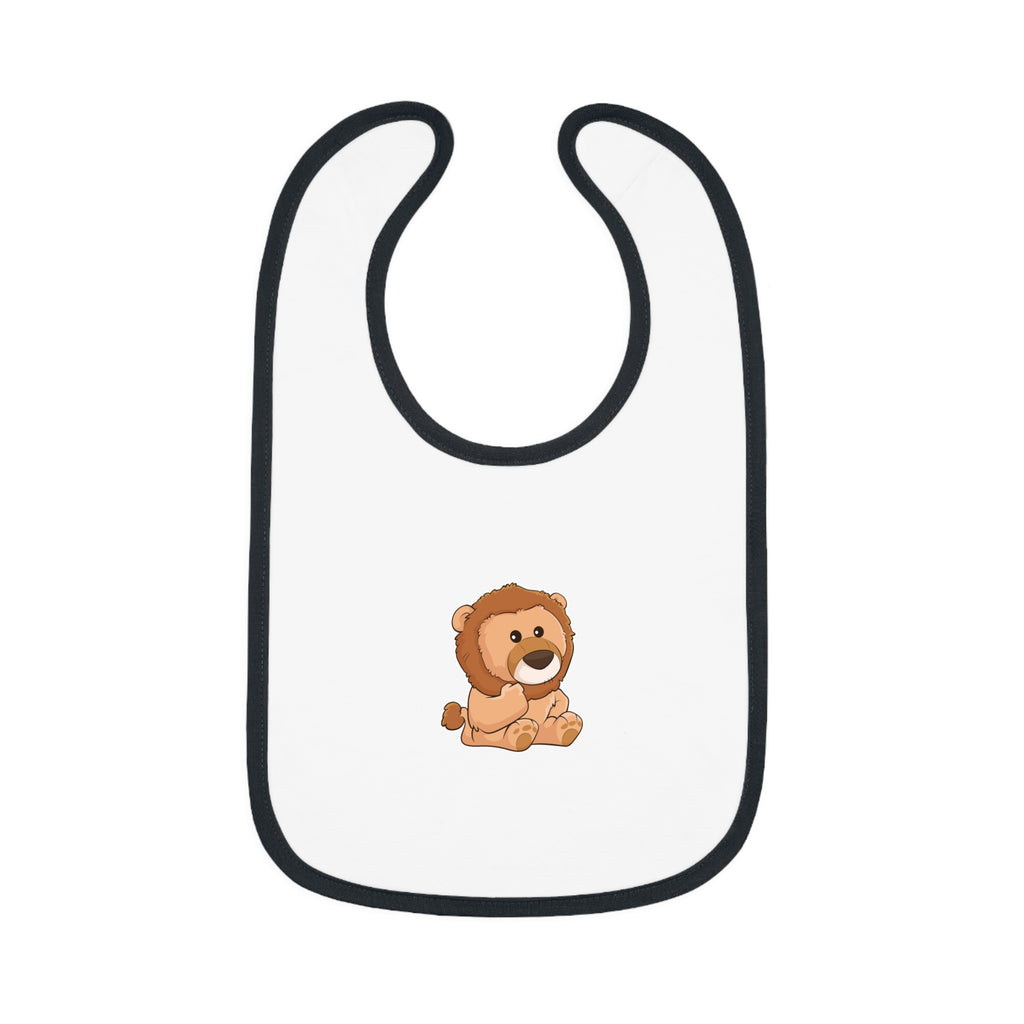 A white baby bib with black trim and a small picture of a lion.