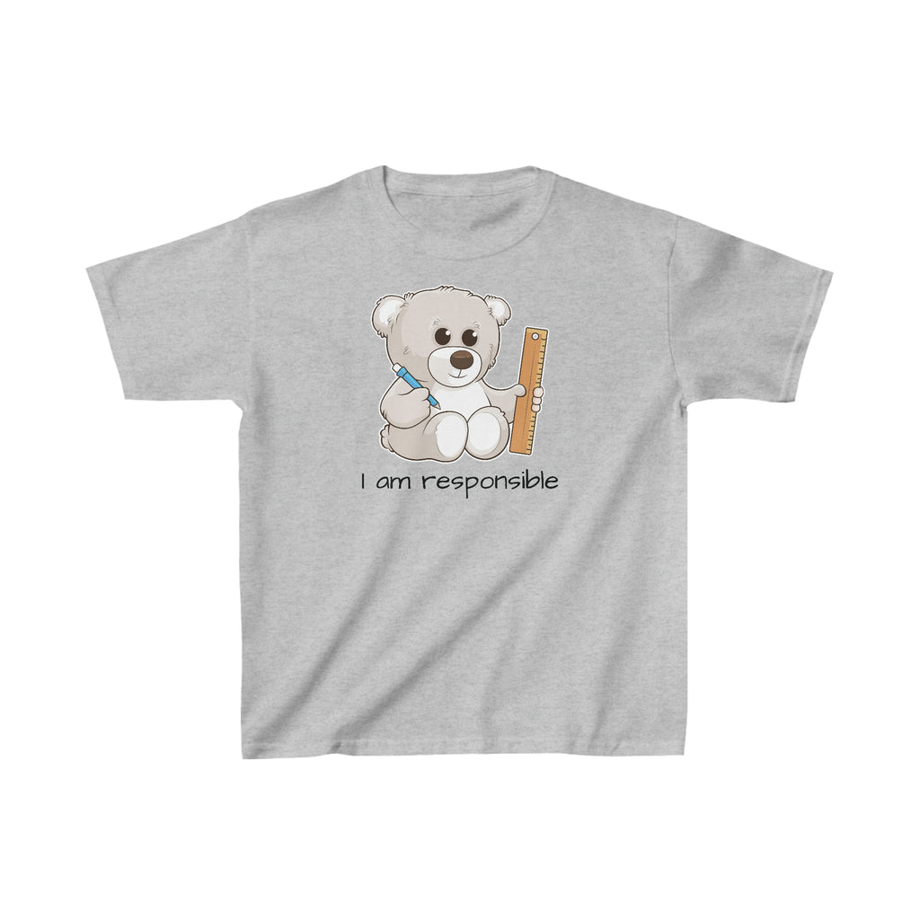 A short-sleeve grey shirt with a picture of a bear that says I am responsible.