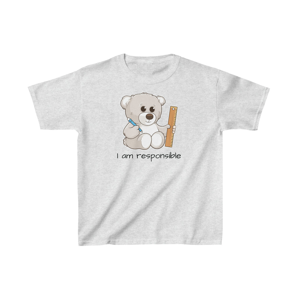 A short-sleeve light grey shirt with a picture of a bear that says I am responsible.