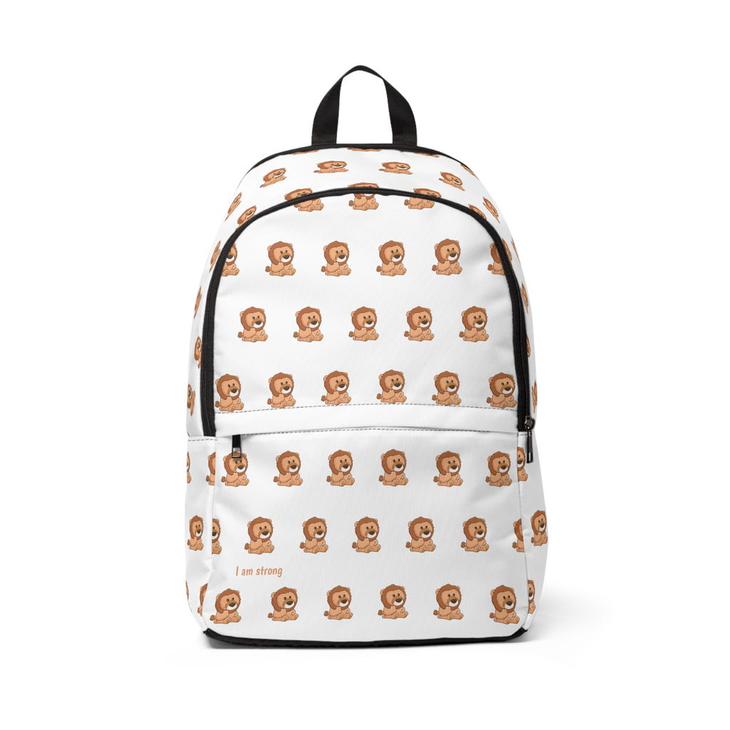 Front-view of a backpack with a repeating pattern of a lion and the phrase "I am strong" in the bottom left corner of the front.