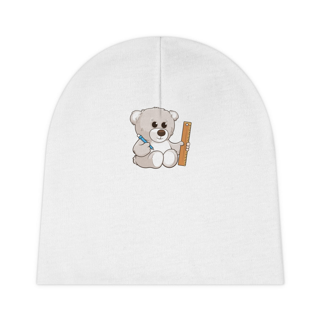A white baby beanie with a small picture of a bear.
