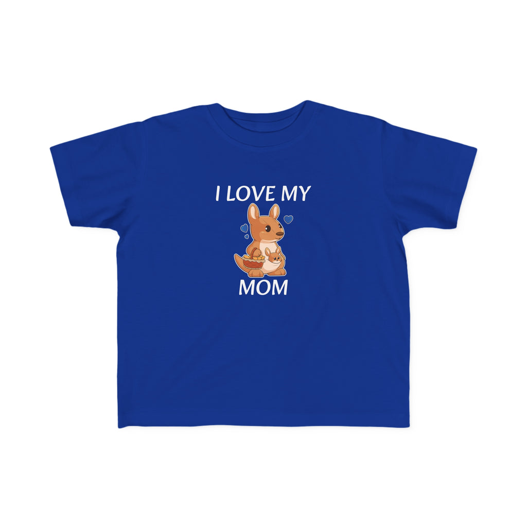 A short-sleeve royal blue shirt with a picture of a kangaroo that says I Love My Mom.