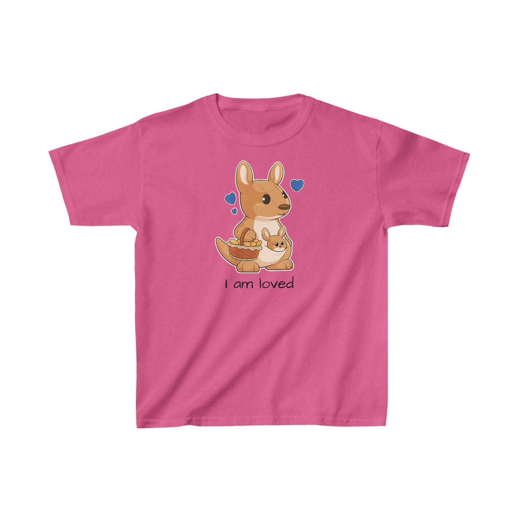 A short-sleeve pink shirt with a picture of a kangaroo that says I am loved.