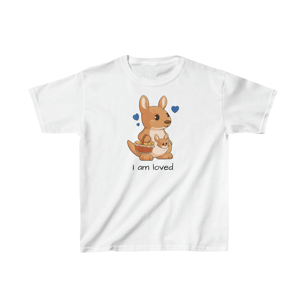 A short-sleeve white shirt with a picture of a kangaroo that says I am loved.