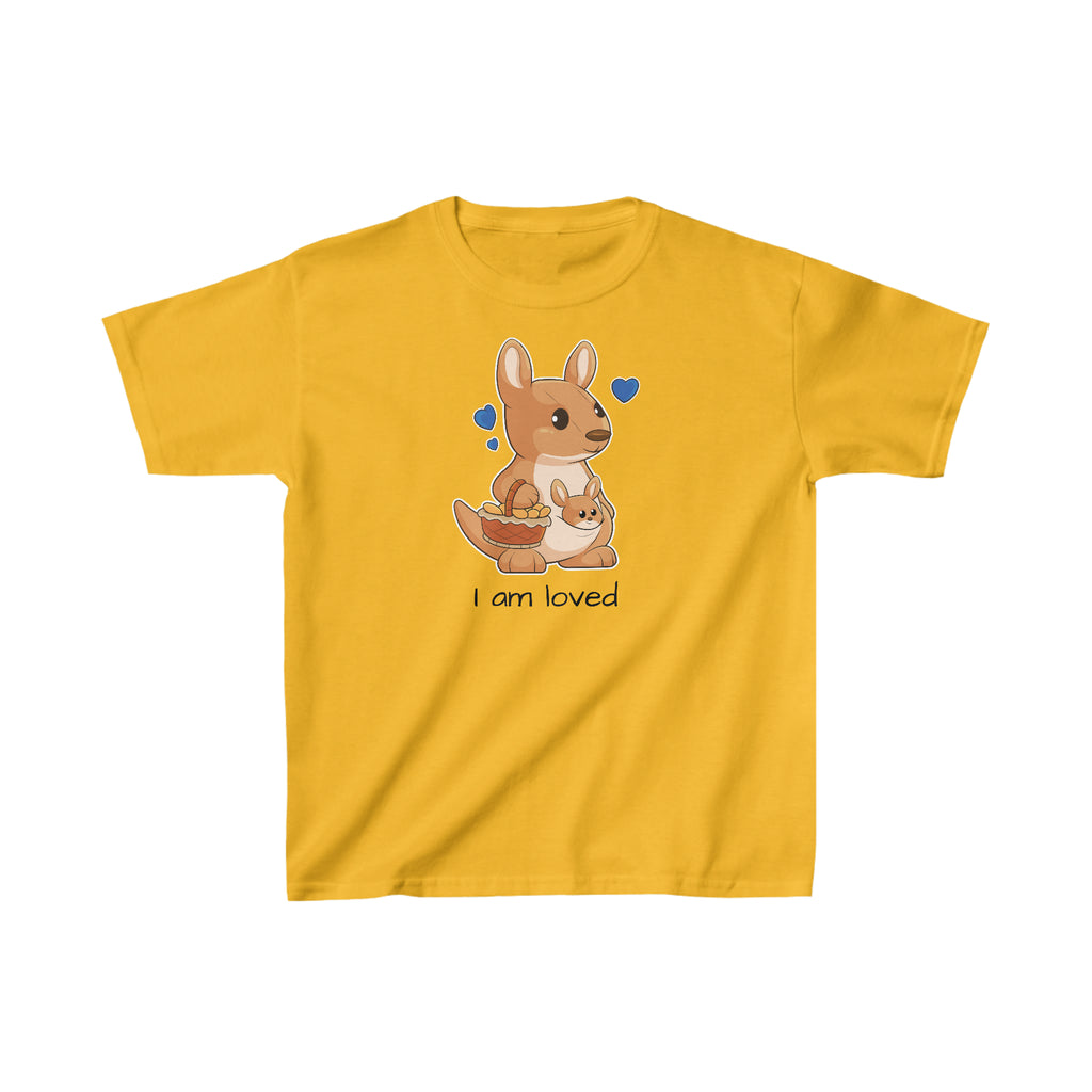 A short-sleeve golden yellow shirt with a picture of a kangaroo that says I am loved.