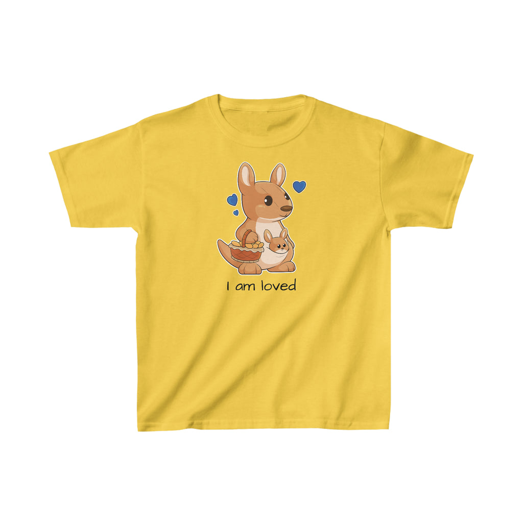 A short-sleeve yellow shirt with a picture of a kangaroo that says I am loved.