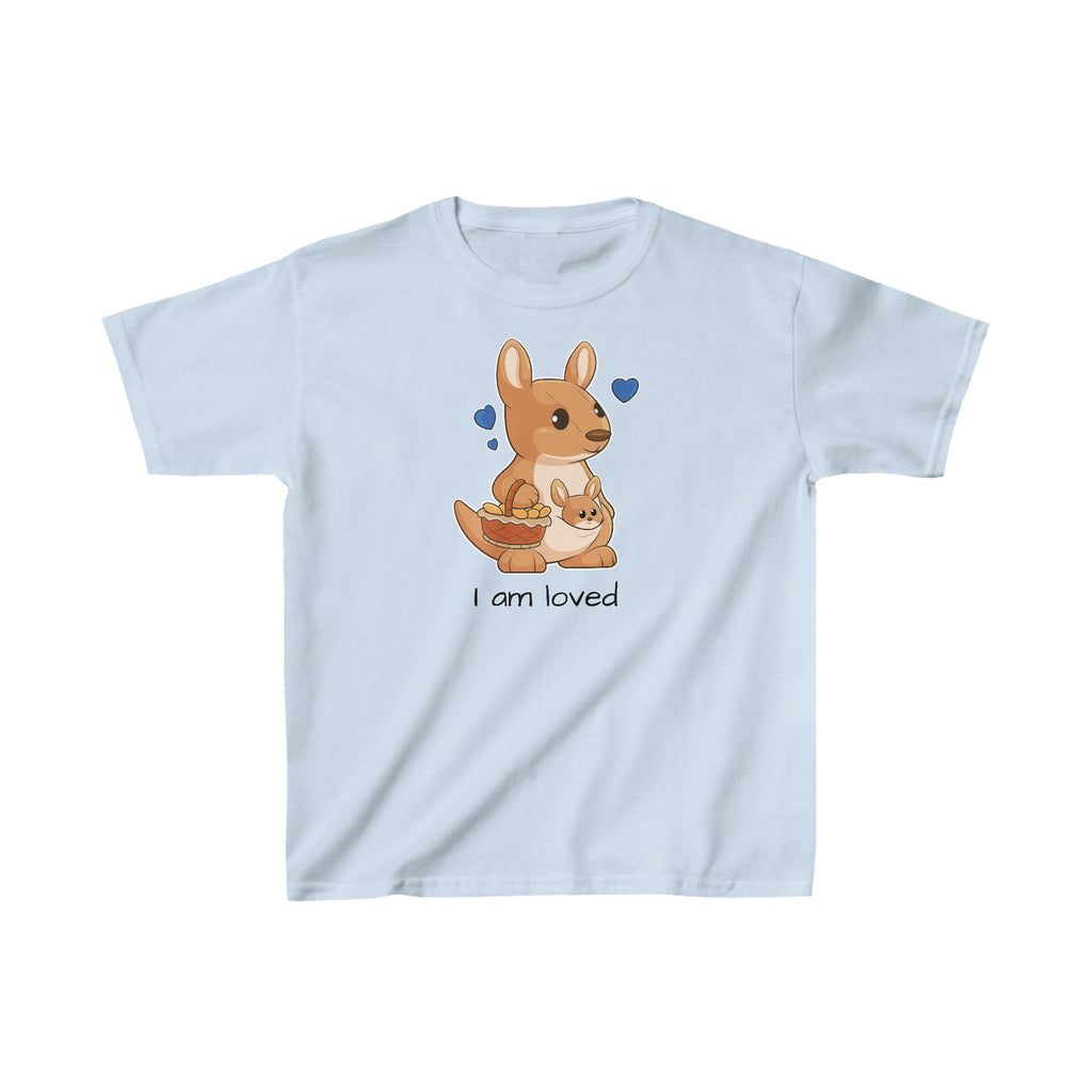 A short-sleeve light blue shirt with a picture of a kangaroo that says I am loved.